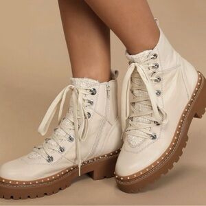 Steve Madden Cream Lace-Up Combat Boots with Pearl Stud Trim